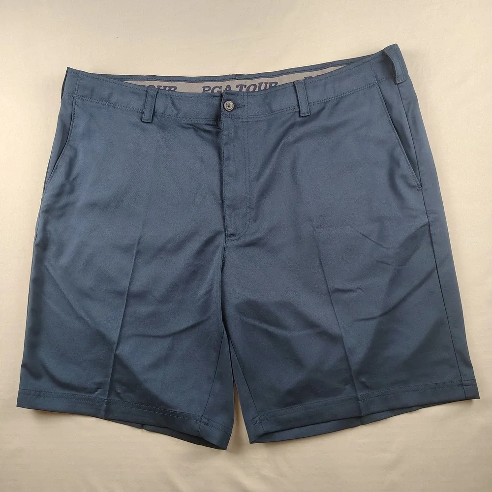 2-PGA TOUR Men's Golf Shorts Size 42 Blue Khaki Stretch Performance Flat Front